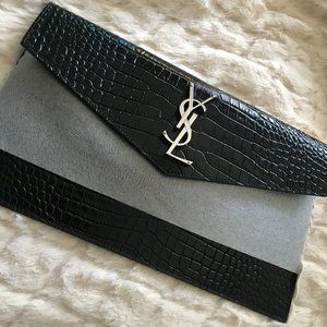 SAINT LAURENT- Black Crocodile Embossed Shiny Lthr